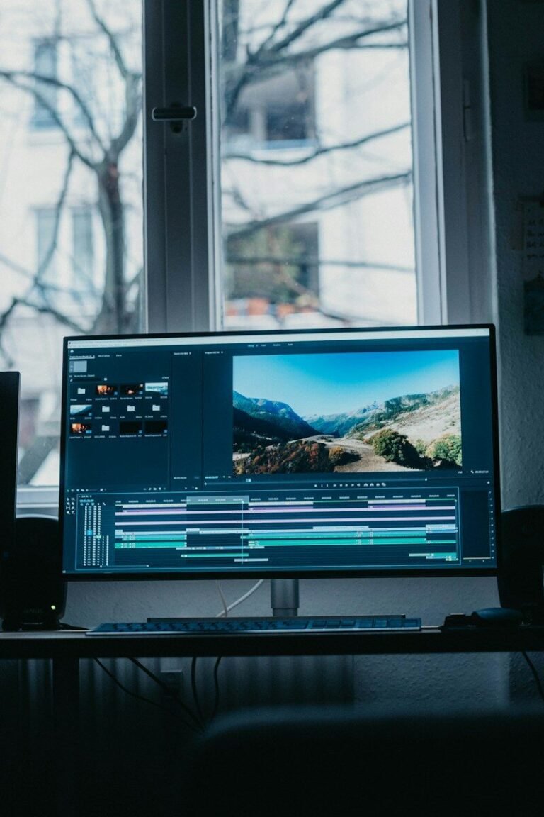 Computer monitor displaying a video recording and editing timeline, illustrating a guide to recording your screen on Windows, Mac, and phones
