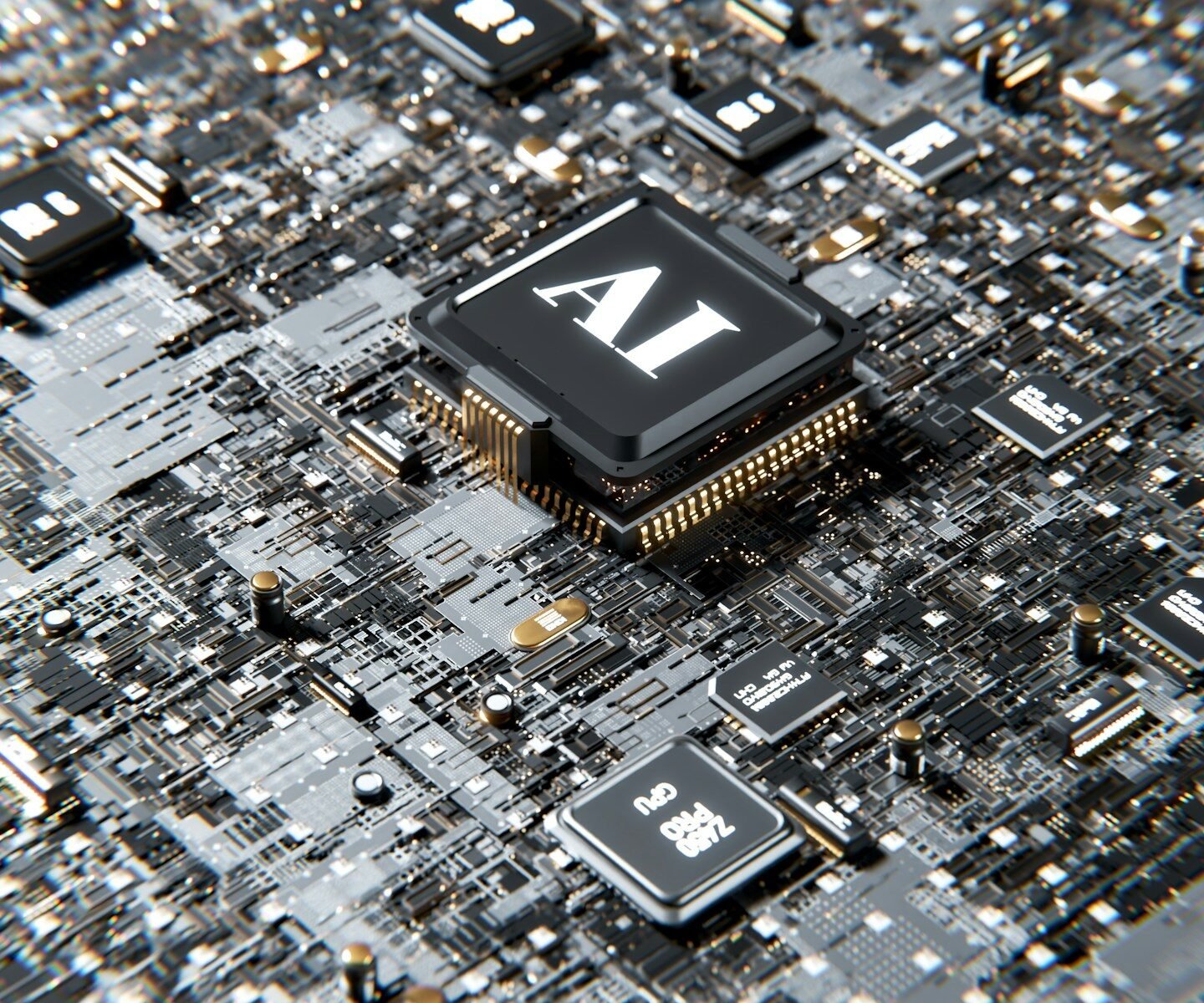 A close-up of a computer chip with the letters "AI" printed on it, mounted on a circuit board