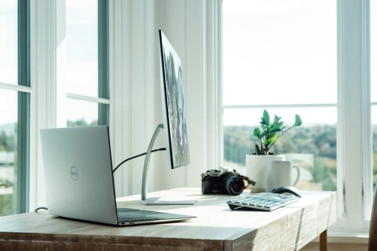 Laptop, monitor, webcam, and plant on a wooden desk in a sunlit home office, illustrating home office gadgets for remote workers